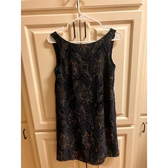 LOFT Sleeveless Dress XS Blue Tan Knee Length Zip Up Low Back Lined Summer Scoop - Picture 1 of 5